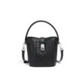 Sac seau noir en cuir tressé avec poignée supérieure et serrure métallique, sac élégant. - Sac Seau Tissé (B2519#) / Noir