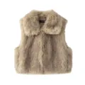 Close-up detail view of women's fluffy faux fur short vest collar and soft plush texture. - XS / Khaki