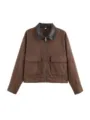 Brown corduroy jacket with contrast leather collar, front zipper, and dual pockets for women. - XS / Brown