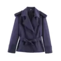 Short women trench coat detail featuring classic lapel collar, elegant belt, and stylish epaulets. - S / Navy Blue