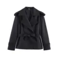Detailed view of women's black short trench coat, classic lapel, elegant belted design. - S / Black