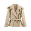 Women's short beige trench coat with lapel collar, epaulets and a matching waist belt. - S / Khaki