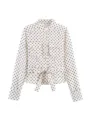 Elegant polka dot long sleeve blouse with waist belt, mandarin collar and button closure. - XS / Tops / White Top