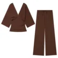Women Summer Two Piece Set Deep V-Neck Top and Drawstring Wide Leg Pants Casual Outfit - S / Top And Bottom / Brown