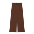 Close-up detail of women's brown wide-leg trousers featuring an adjustable drawstring waist. - S / Bottoms / Brown