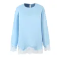 Close-up view of the light blue long sleeve top featuring delicate white lace trim details. - S / Light Blue