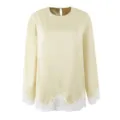 Elegant champagne long sleeve blouse with delicate white lace trim at hem and cuffs. - S / Light Yellow