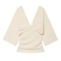 Beige deep V-neck short sleeve top detail featuring elegant front ruching and stylish design. - S / Tops / Off White