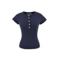 Women's short sleeve knitted top with button placket and hollow out floral pattern summer. - S / Tops / Navy Blue