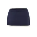 Close-up detail of the dark blue knit skirt showcasing the soft scalloped white hem trim. - S / Bottoms / Navy Blue