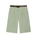 Light green pleated high-waist women shorts featuring a stylish brown leather belt. - S / Light Green