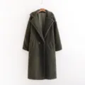Dark green teddy fleece long coat, thick warm winter outerwear with lapel and long sleeves. - Army Green