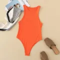 Orange sleeveless bodysuit, solid color slim fit basic tank top for women stylish look. - S / Orange