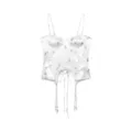 White satin floral corset top with spaghetti straps, boning structure and irregular hem. - S / Tops / Blue Rose