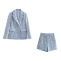 Light blue houndstooth double breasted blazer and matching buttoned shorts outfit set spring - XS / Top And Bottom