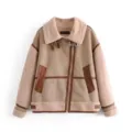 Faux shearling spliced biker jacket for women, stylish winter outerwear with plush collar and cuffs. - XS / Brown