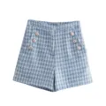 Blue white houndstooth tweed shorts detail, high waist with metallic button decor. - XS / Bottoms