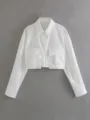 Women's White Crop Long Sleeve Shirt with Dual Pockets Casual Button Down Top Summer Fashion - S / Tops / White
