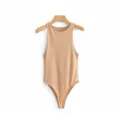 Solid color round neck slim fit sleeveless bodysuit main view, casual fashion minimalist style. - Khaki