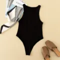 Classic solid black sleeveless round neck bodysuit, stylish slim fit basic wear for women. - S / Black