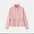 Pink women's stand collar drawstring waist jacket casual minimalist stylish outerwear. - S / Tops / Pink