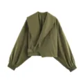 French vintage lapel lantern sleeve cropped jacket for women autumn daily wear stylish coat - S / Olive