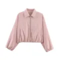Trendy pink lapel zip-up cropped jacket for women, stylish long puffed sleeve casual outerwear. - XS / Pink