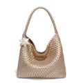 Gouden geweven schoudertas grote capaciteit tote casual handtas met sterhanger voor dames - Champagnegoud