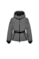Women winter hooded padded ski jacket black white geometric pattern belted warm coat - Black and White