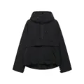 Black utility hooded windbreaker jacket detail showing adjustable drawstrings and pockets. - Black