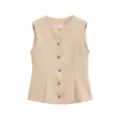 Detailed view of the elegant beige sleeveless vest with gold buttons, slim fit chic top. - XS / Tops / Khaki