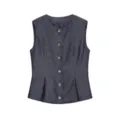 Sleeveless vest front detail showing sleek tailoring, round neckline and polished silver buttons. - XS / Tops / Dark Gray