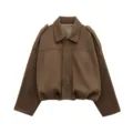 Women's brown suede jacket with stylish batwing sleeves and front zipper for spring daily wear. - S / Brown
