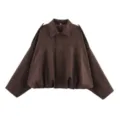Women Brown Suede Batwing Sleeve Cropped Jacket Spring Fashion Chic Outerwear Top - Coffee