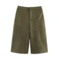 Olive green suede texture wide leg culottes detail view, premium high waist design. - S / Pants