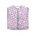 Close-up detail of the retro ethnic floral quilted vest, showing pink print and blue trim. - S / Pink Floral