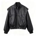 Black PU leather jacket for women, retro large shoulder design, stylish autumn zip-up outerwear top. - S / Litchi Texture Brown