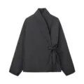 Mujer chaqueta acolchada kimono negra invierno cálido cinturón anudado abrigo casual - S / Gris oscuro