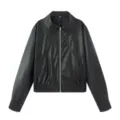 schwarze damen kunstlederjacke mit langem arm reissverschluss und reverskragen herbst jacke - S / Oberteile / Schwarz