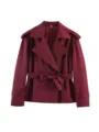 Elegant Women's Short Burgundy Trench Coat Casual Lapel Belted Spring Outerwear - Dark Red