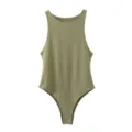 Solid color round neck slim fit sleeveless bodysuit in olive green, stylish minimalist apparel. - S / Olive Green