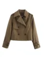 Stylish cropped double-breasted trench coat jacket for women, casual autumn outerwear. - S / Tan