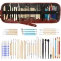 46-teiliges Ton Skulptur Werkzeugset, Holzgrip Schnitzmesser und Punktierwerkzeuge. - Töpferton Werkzeuge 44 Stück Set (TOO8) / Stofftasche Stil