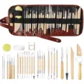 46 Stk. Töpferton-Skulpturwerkzeuge Set mit Leder-Roll-Etui für Heimwerker Tonkunst. - Töpferton Werkzeuge 31 Stück Set B (TOO4) / Stofftasche Stil