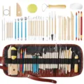 46-teiliges Ton-Skulpturen-Werkzeugset mit Holzgriffen und Modelliereisen für Tonkunst. - Töpferton Werkzeuge 36 Stück Set B (TOO6) / Stofftasche Stil