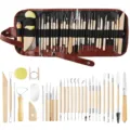 31-teiliges Keramik Skulptur Werkzeugset mit Holzgriff Schnitzmessern und Ledertasche. - TOO4/31-Teiliges Keramikwerkzeug-Set (Stiftetui)