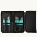 15pcs detail line brush set with light blue handles and black portable canvas storage case. - Sky Blue