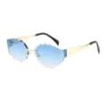 Stijlvolle Modieuze Blauwe Verloop Zonnebril Golvende Rand Gouden Metaal Dames Retro Bril - C4 Gouden Frame Dubbele Blauwe Glazen