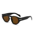 Trendy black thick frame round sunglasses with brown lenses and metal dagger temple accents. - C3 Glossy Black Tea Lens