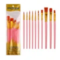 Set de 12 pinceles de nailon para artistas con mangos rosa para acuarela acrilico oleo - Juego de 10 Pinceles de Plástico / Rojo